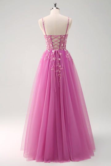 Sparkly Purple A-Line Appliqued Tulle Long Prom Dress with Slit